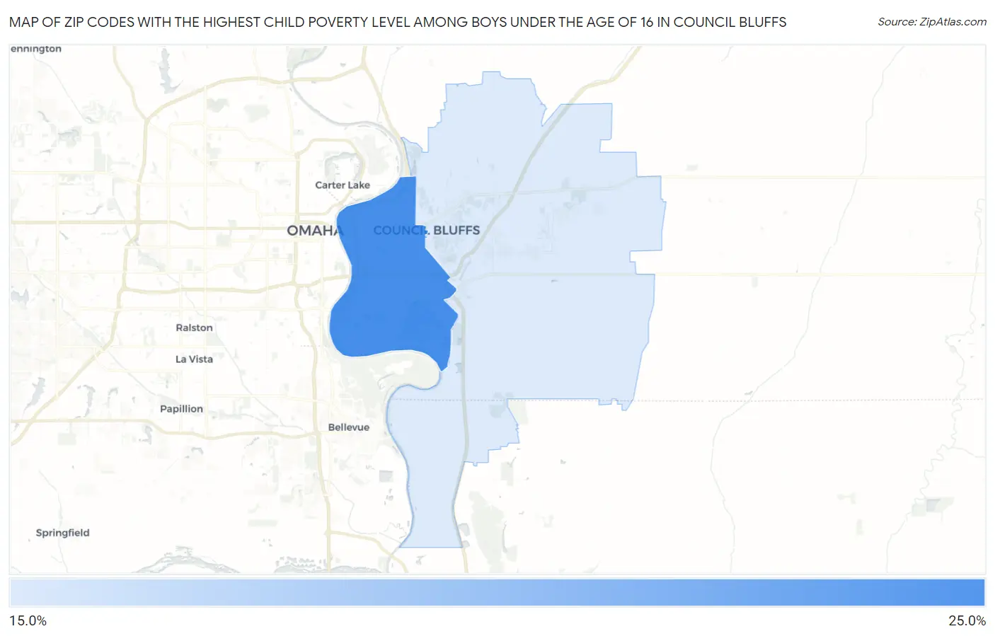 Zip Codes with the Highest Child Poverty Level Among Boys Under the Age of 16 in Council Bluffs Map