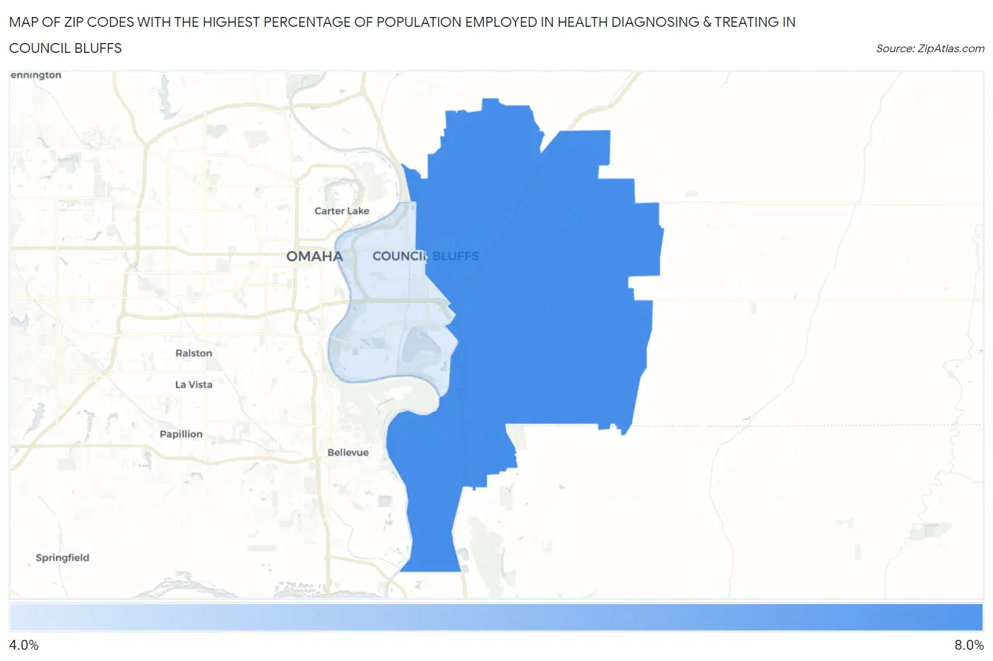 Zip Codes with the Highest Percentage of Population Employed in Health Diagnosing & Treating in Council Bluffs Map