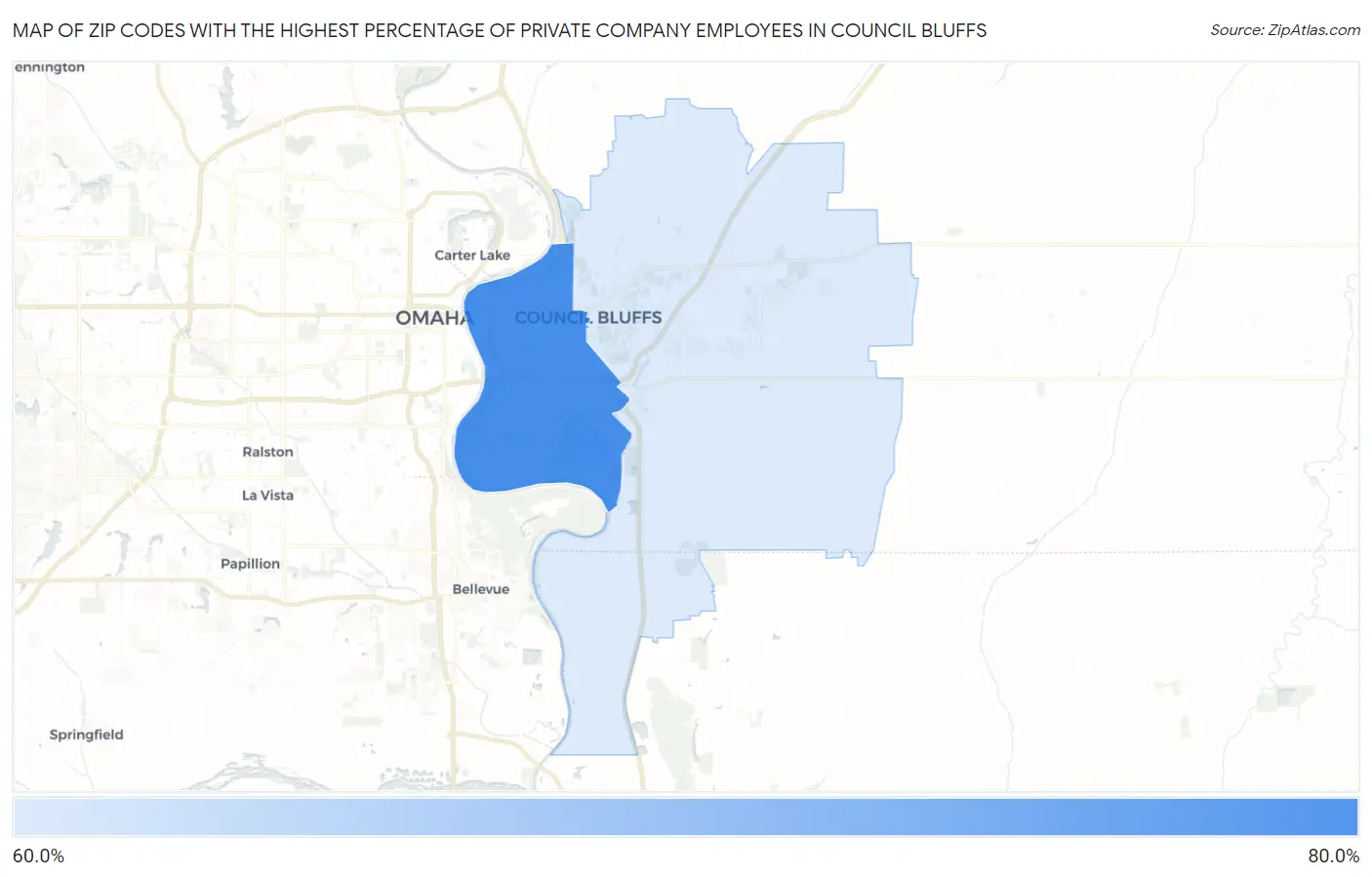 Zip Codes with the Highest Percentage of Private Company Employees in Council Bluffs Map