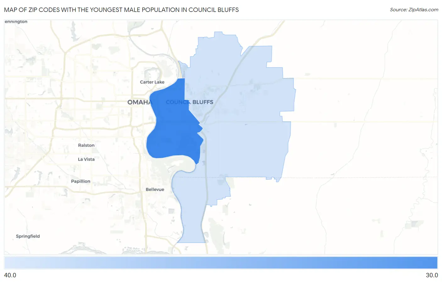 Zip Codes with the Youngest Male Population in Council Bluffs Map