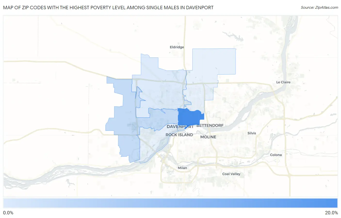 Zip Codes with the Highest Poverty Level Among Single Males in Davenport Map