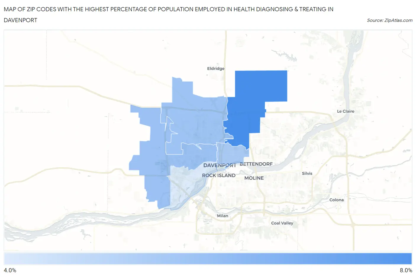 Zip Codes with the Highest Percentage of Population Employed in Health Diagnosing & Treating in Davenport Map