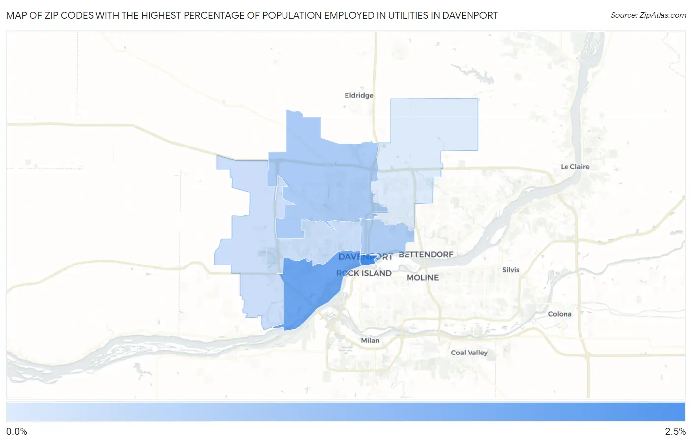 Zip Codes with the Highest Percentage of Population Employed in Utilities in Davenport Map