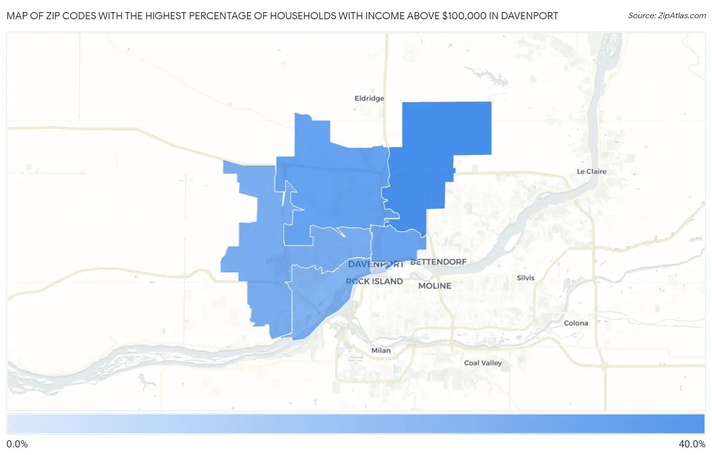 Zip Codes with the Highest Percentage of Households with Income Above $100,000 in Davenport Map