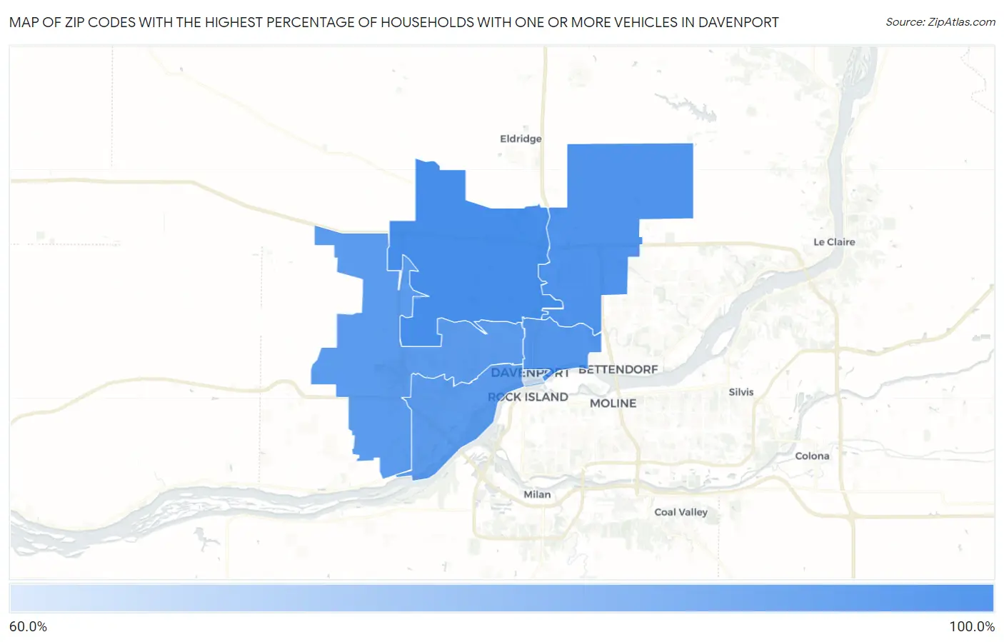 Zip Codes with the Highest Percentage of Households With One or more Vehicles in Davenport Map