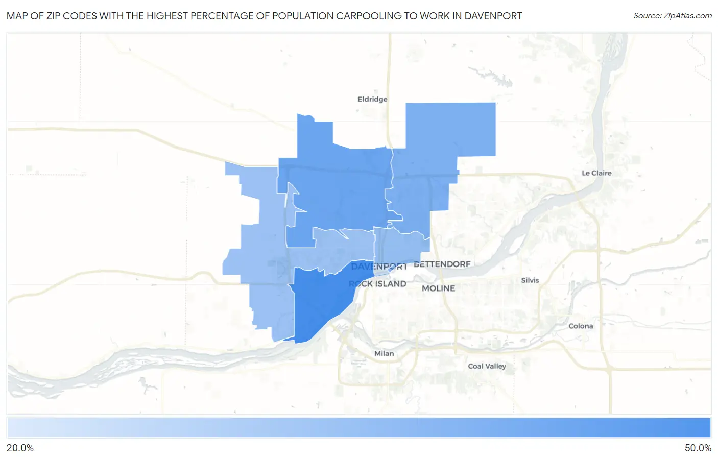 Zip Codes with the Highest Percentage of Population Carpooling to Work in Davenport Map