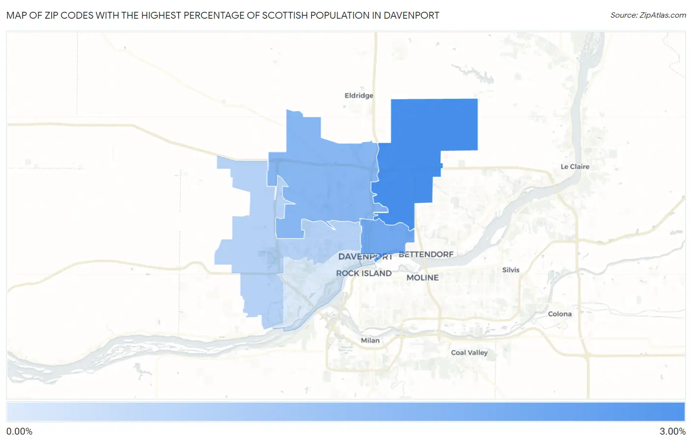 Zip Codes with the Highest Percentage of Scottish Population in Davenport Map