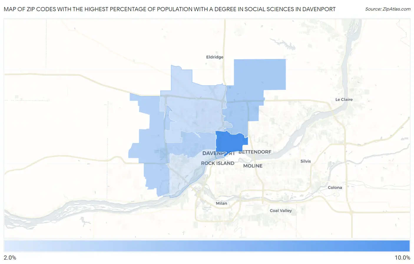 Zip Codes with the Highest Percentage of Population with a Degree in Social Sciences in Davenport Map