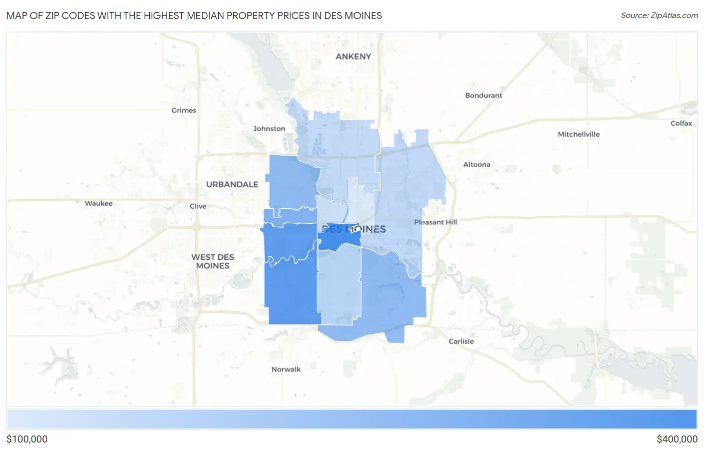 Zip Codes with the Highest Median Property Prices in Des Moines Map