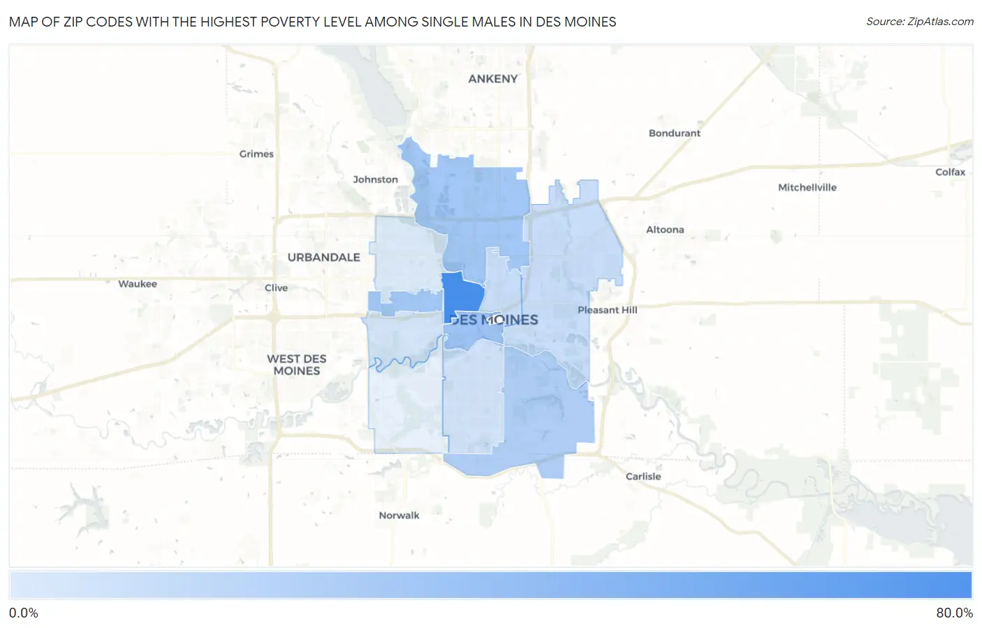 Zip Codes with the Highest Poverty Level Among Single Males in Des Moines Map