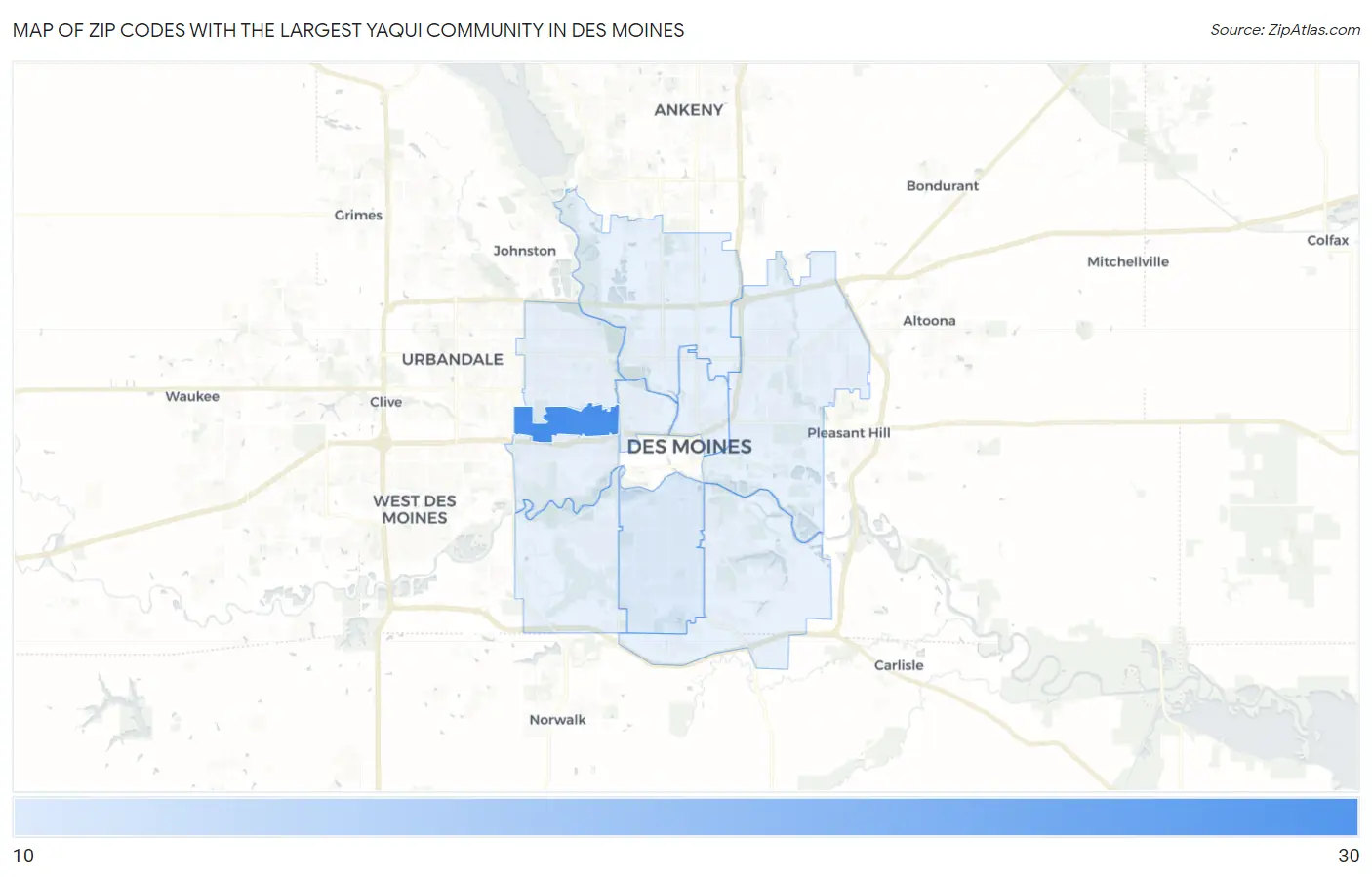 Zip Codes with the Largest Yaqui Community in Des Moines Map