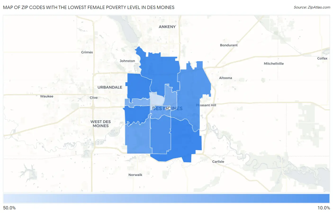 Zip Codes with the Lowest Female Poverty Level in Des Moines Map