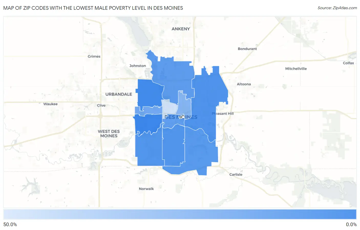 Zip Codes with the Lowest Male Poverty Level in Des Moines Map