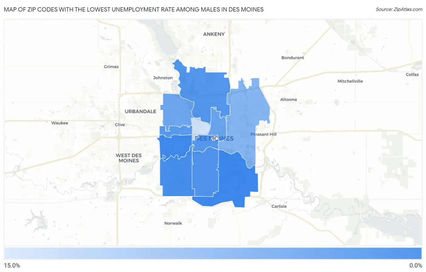 Zip Codes with the Lowest Unemployment Rate Among Males in Des Moines Map