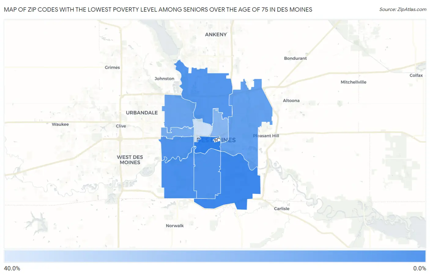 Zip Codes with the Lowest Poverty Level Among Seniors Over the Age of 75 in Des Moines Map