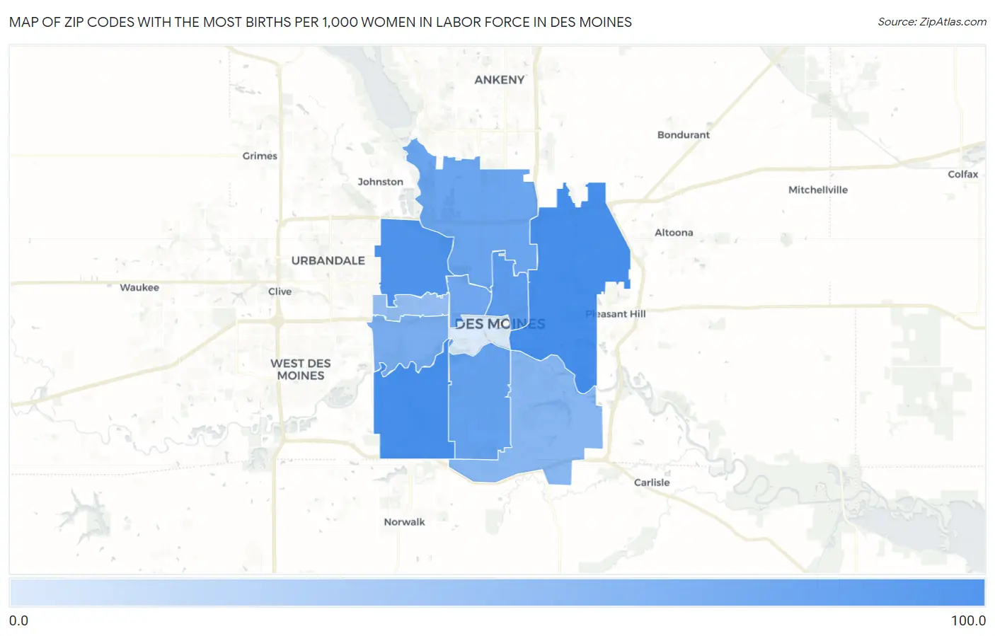 Zip Codes with the Most Births per 1,000 Women in Labor Force in Des Moines Map