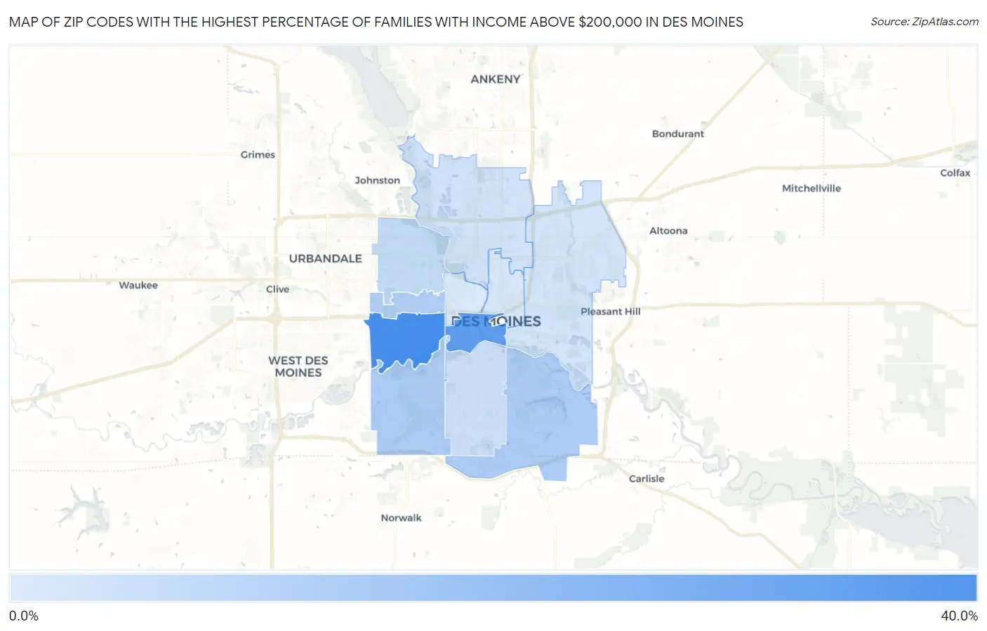 Zip Codes with the Highest Percentage of Families with Income Above $200,000 in Des Moines Map