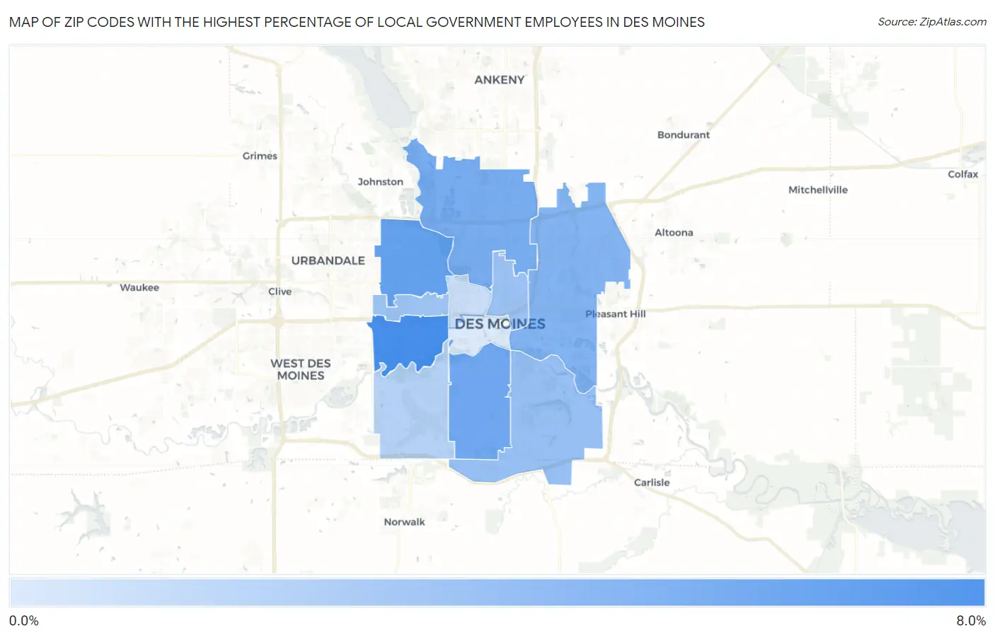 Zip Codes with the Highest Percentage of Local Government Employees in Des Moines Map
