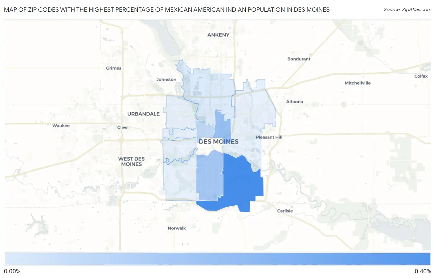 Zip Codes with the Highest Percentage of Mexican American Indian Population in Des Moines Map