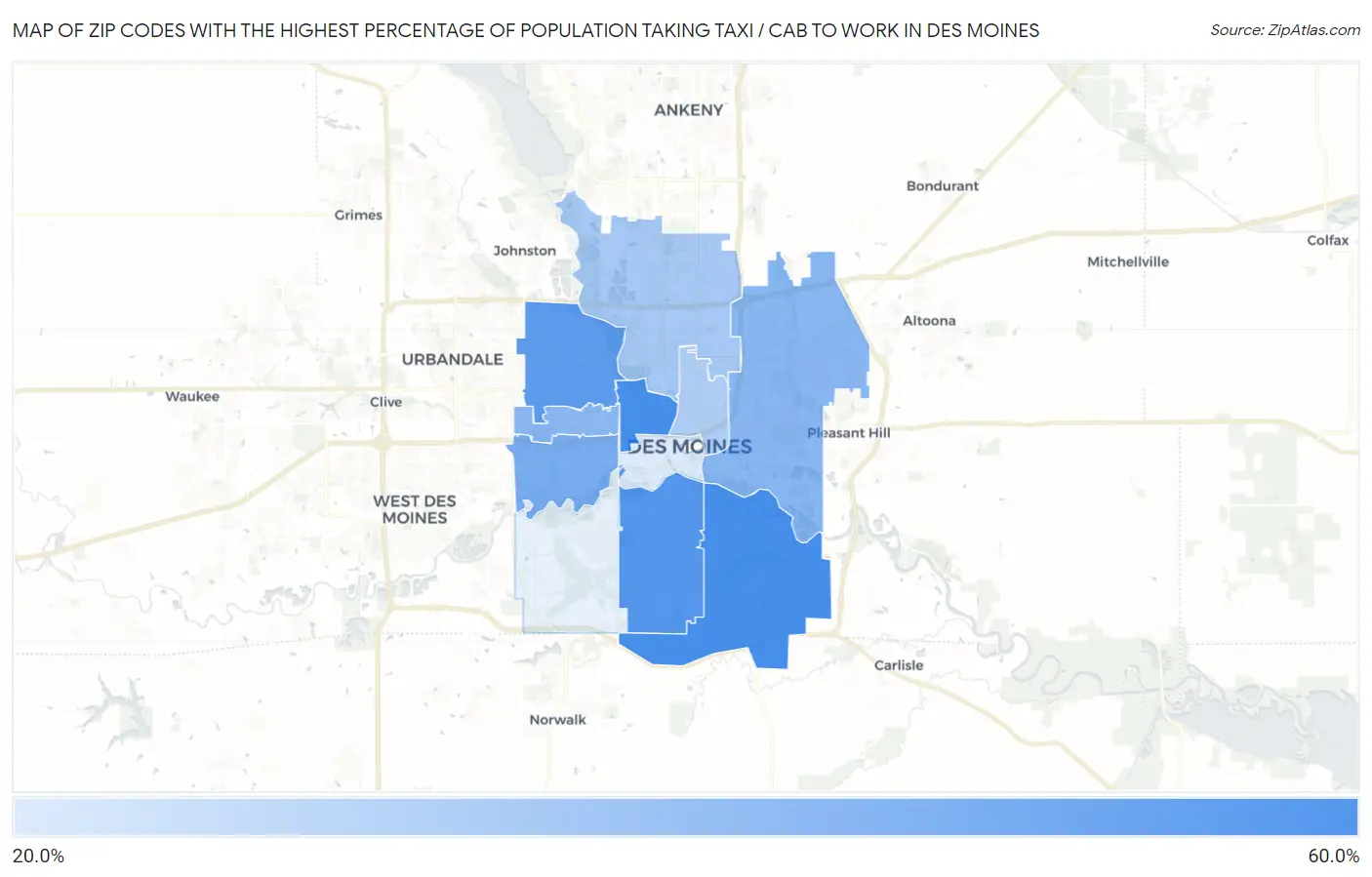 Zip Codes with the Highest Percentage of Population Taking Taxi / Cab to Work in Des Moines Map