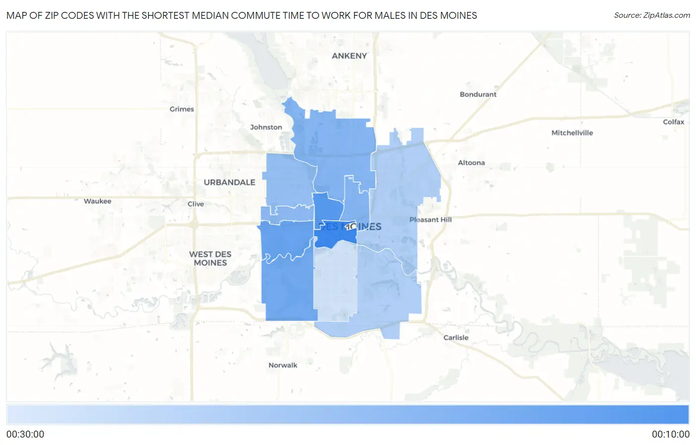 Zip Codes with the Shortest Median Commute Time to Work for Males in Des Moines Map