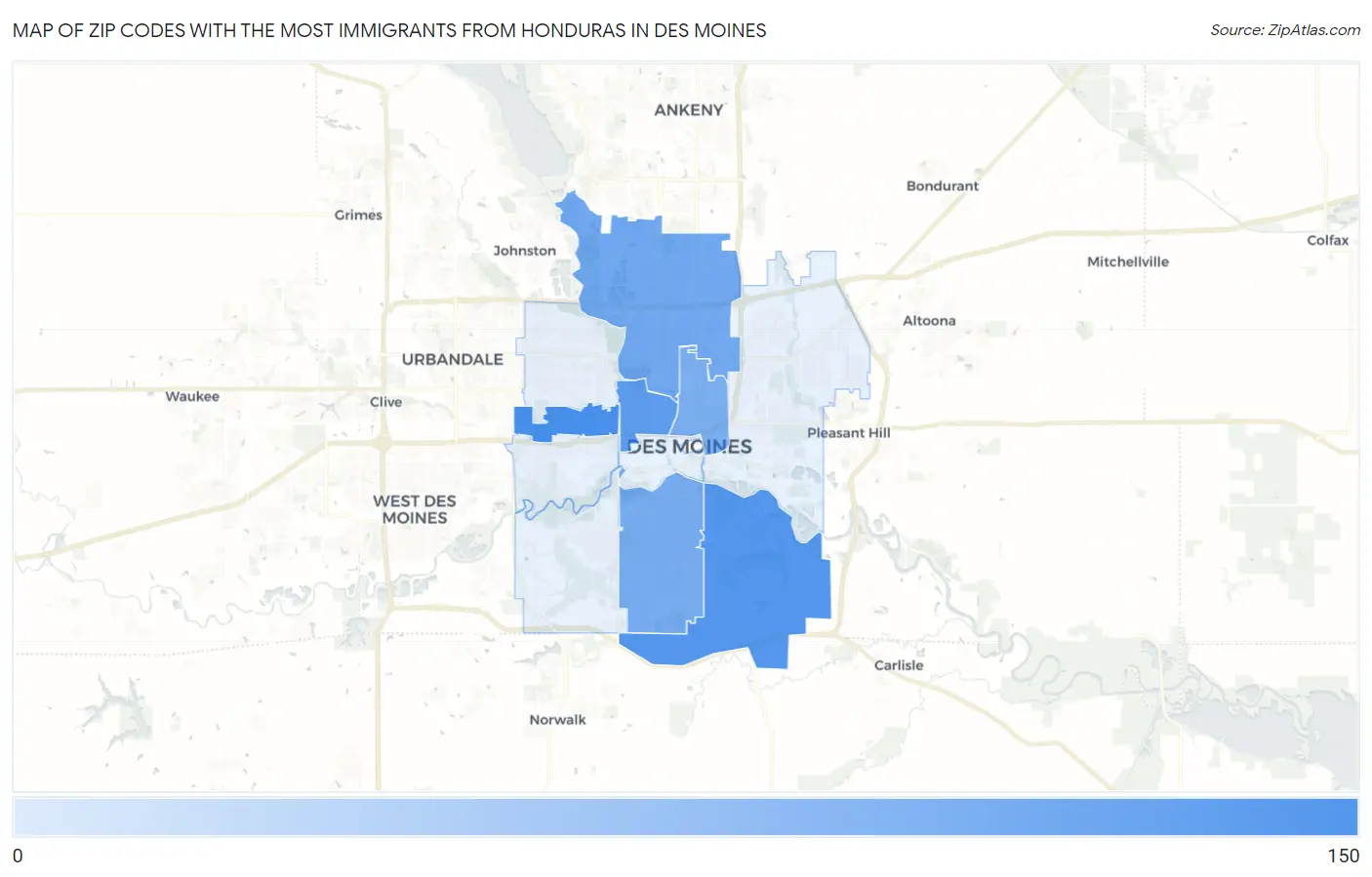 Zip Codes with the Most Immigrants from Honduras in Des Moines Map