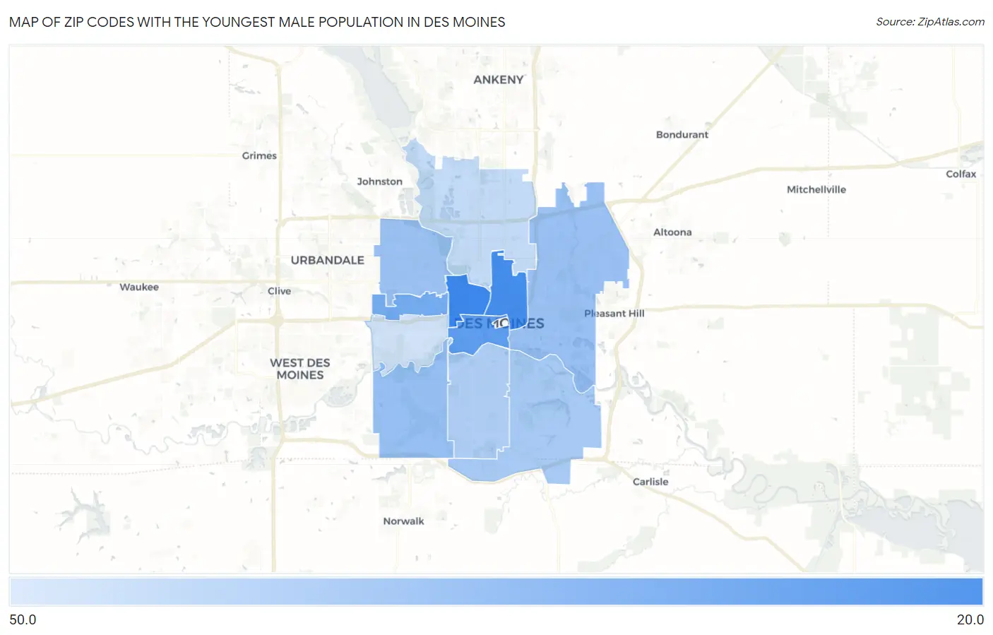 Zip Codes with the Youngest Male Population in Des Moines Map