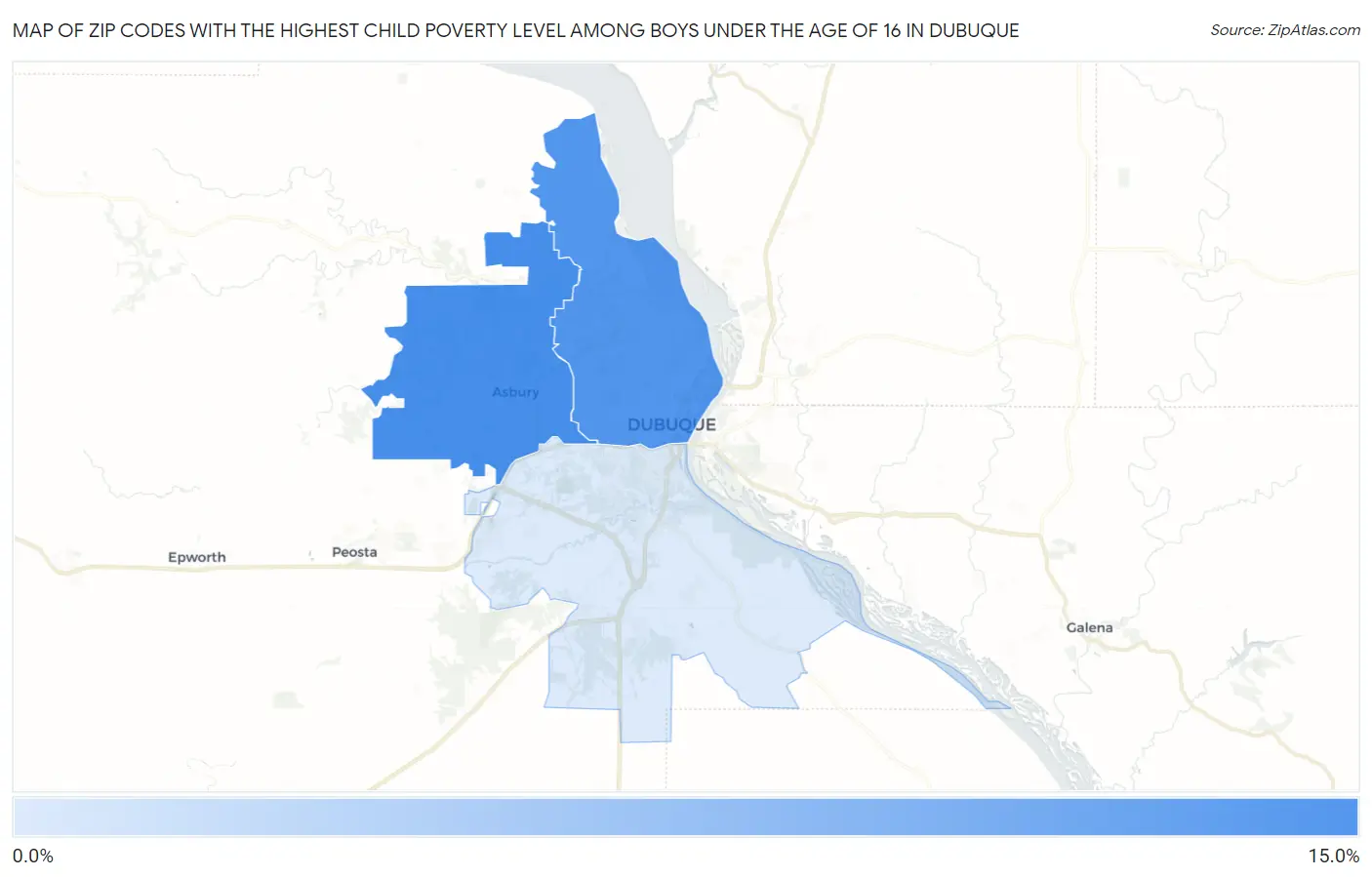 Zip Codes with the Highest Child Poverty Level Among Boys Under the Age of 16 in Dubuque Map