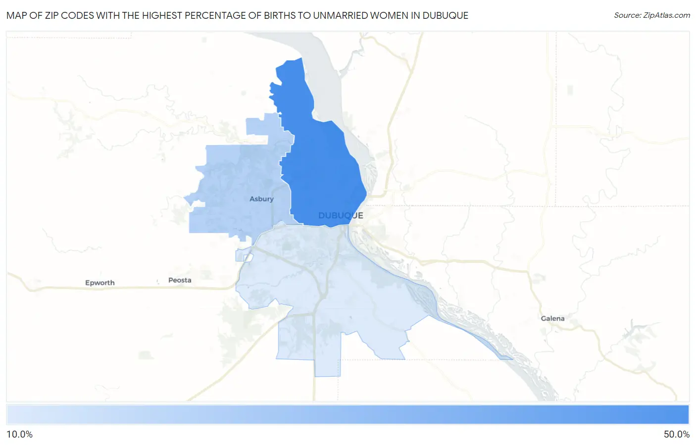 Zip Codes with the Highest Percentage of Births to Unmarried Women in Dubuque Map