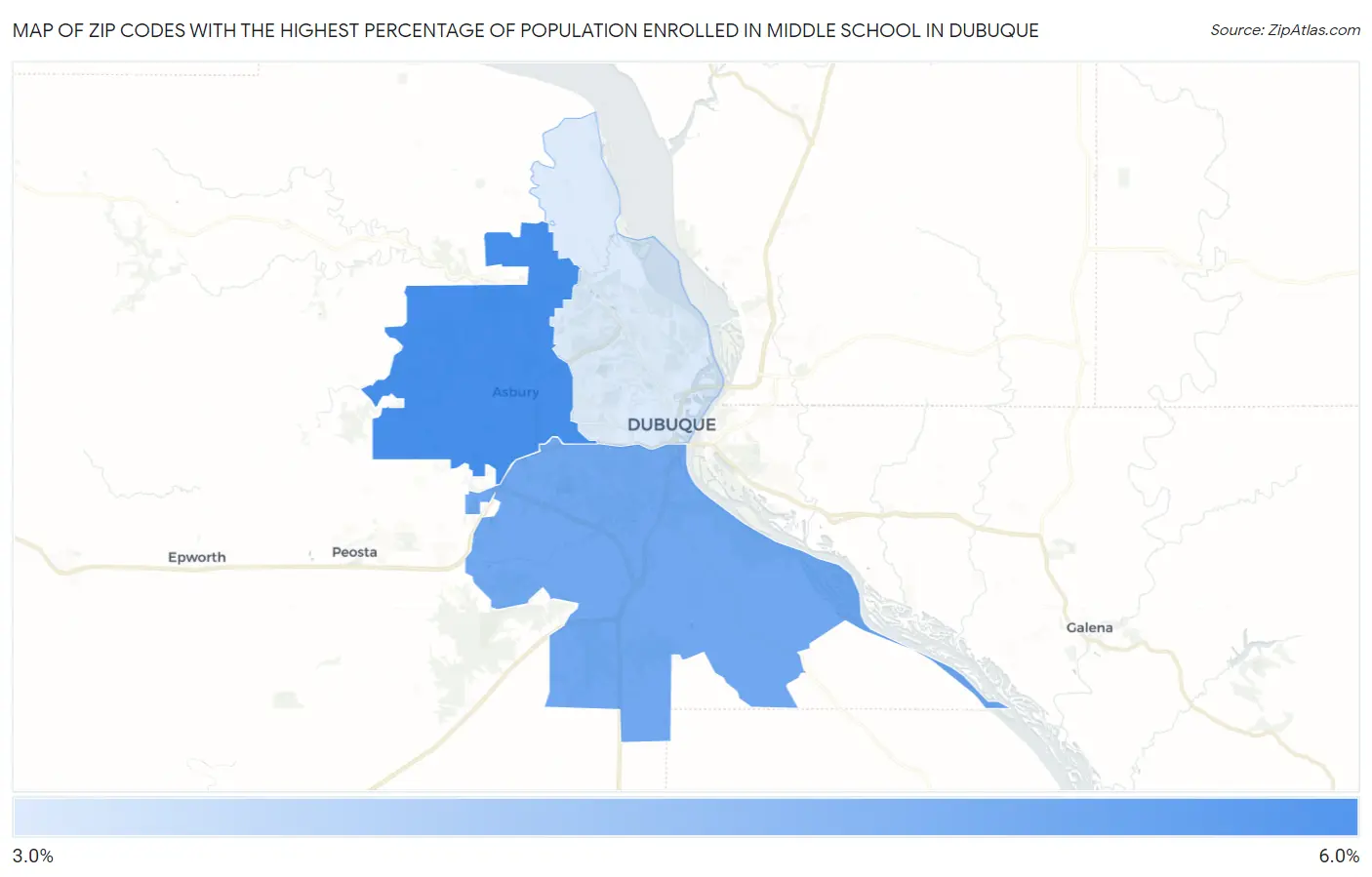Zip Codes with the Highest Percentage of Population Enrolled in Middle School in Dubuque Map