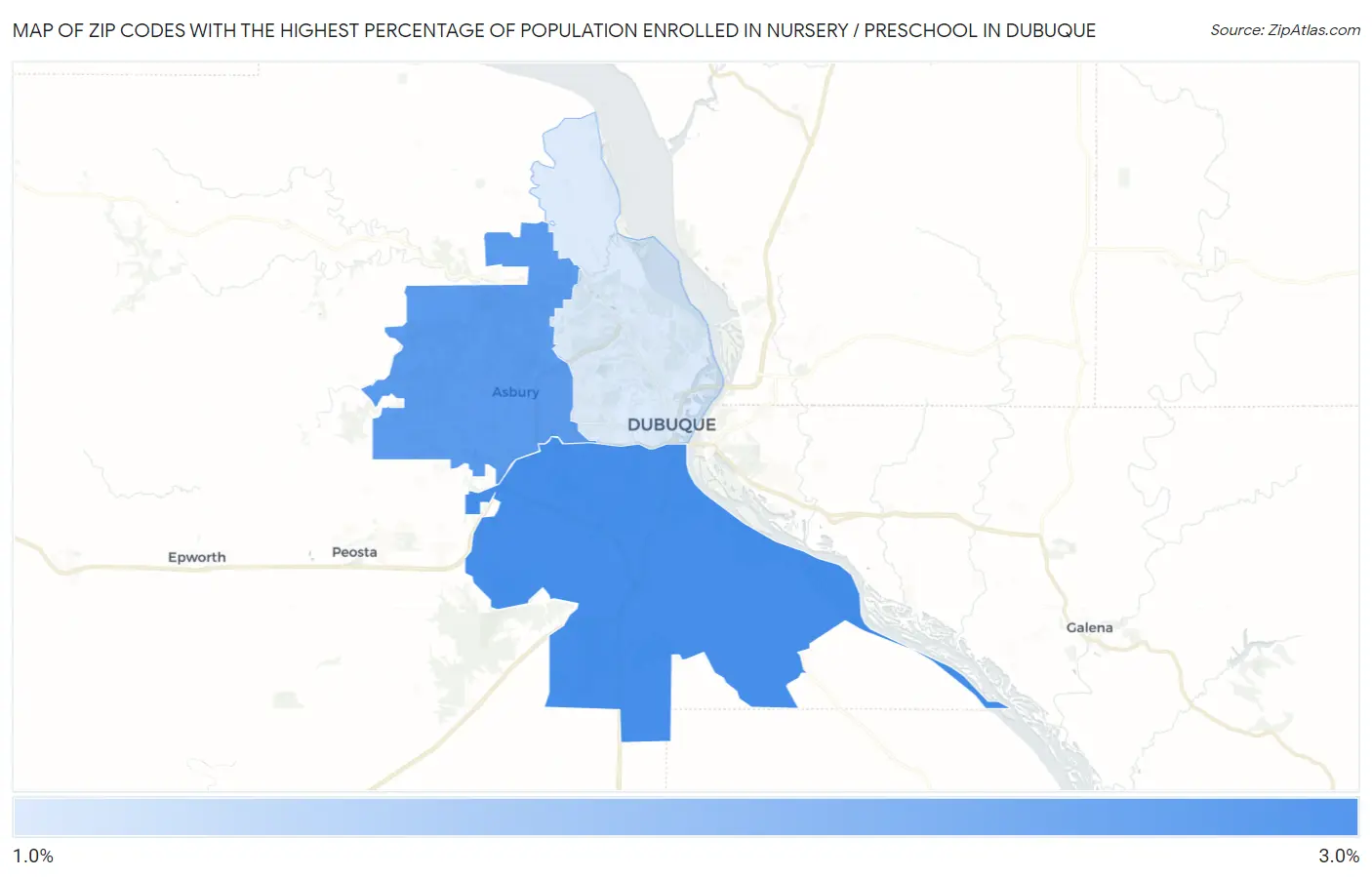 Zip Codes with the Highest Percentage of Population Enrolled in Nursery / Preschool in Dubuque Map