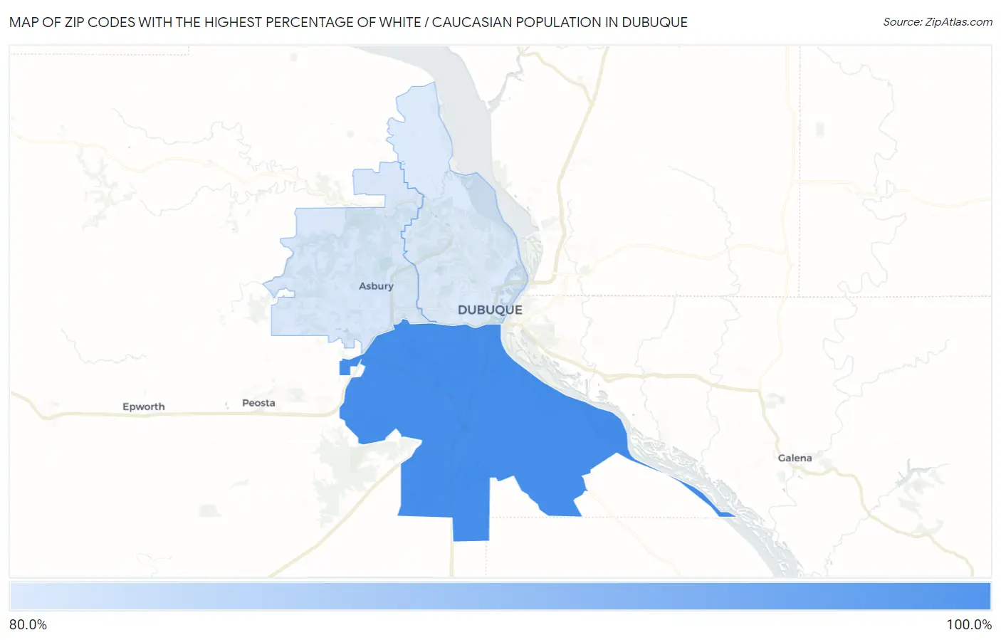 Zip Codes with the Highest Percentage of White / Caucasian Population in Dubuque Map