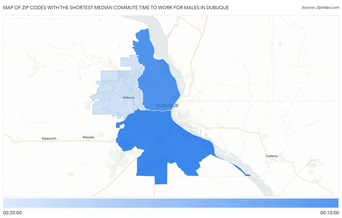Zip Codes with the Shortest Median Commute Time to Work for Males in Dubuque Map