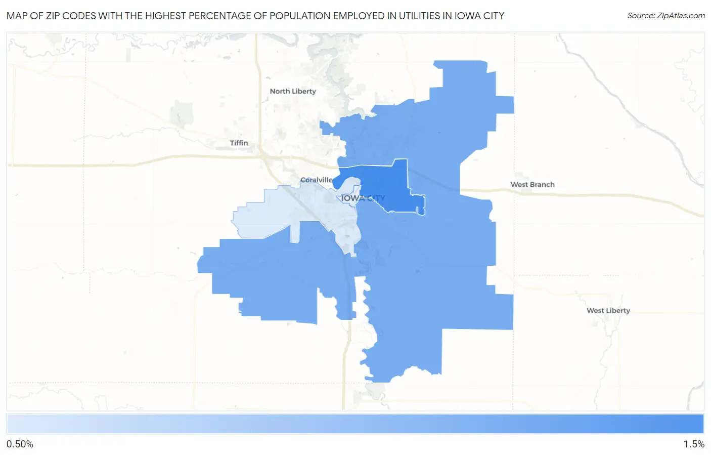 Zip Codes with the Highest Percentage of Population Employed in Utilities in Iowa City Map