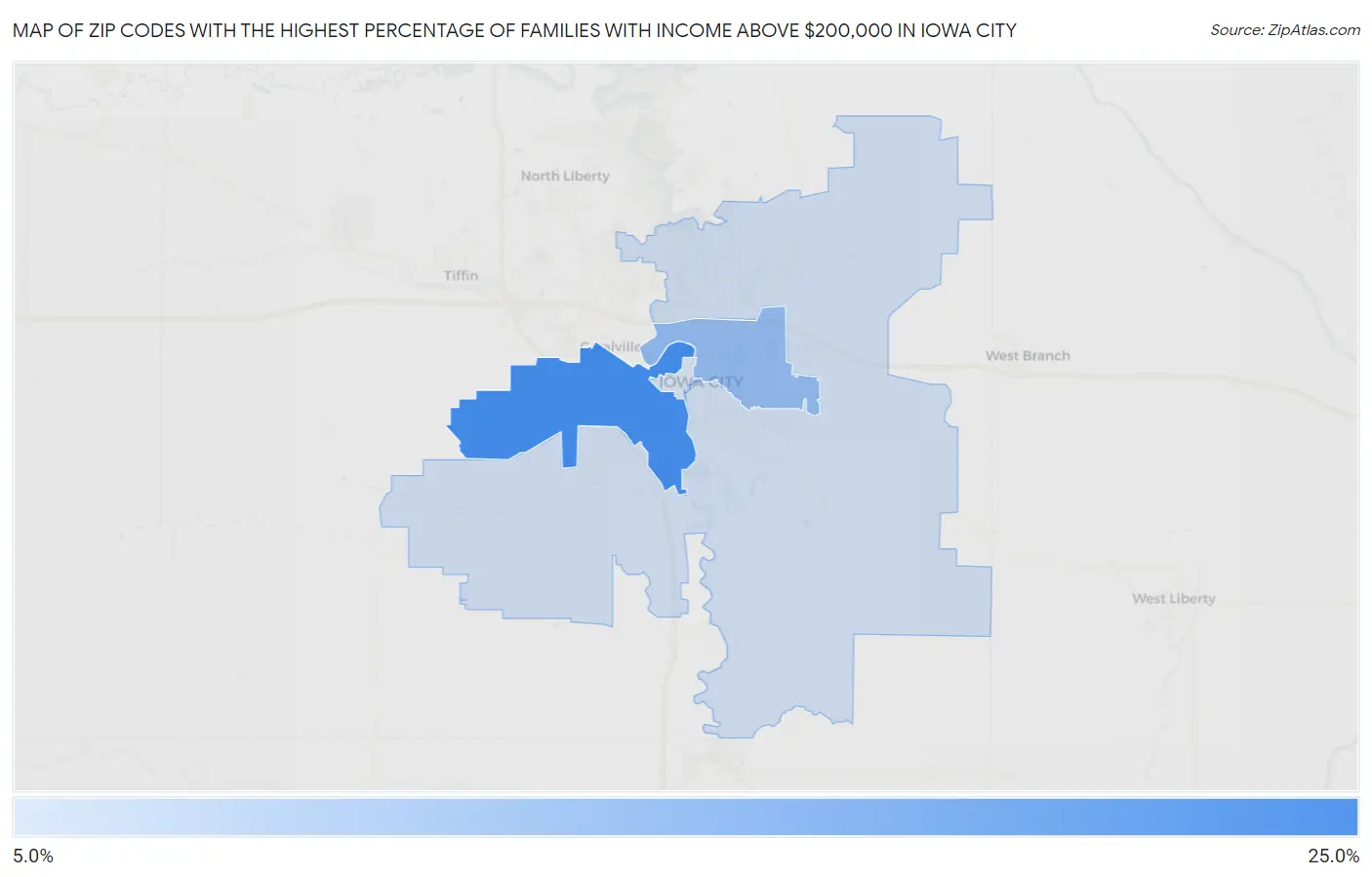 Zip Codes with the Highest Percentage of Families with Income Above $200,000 in Iowa City Map