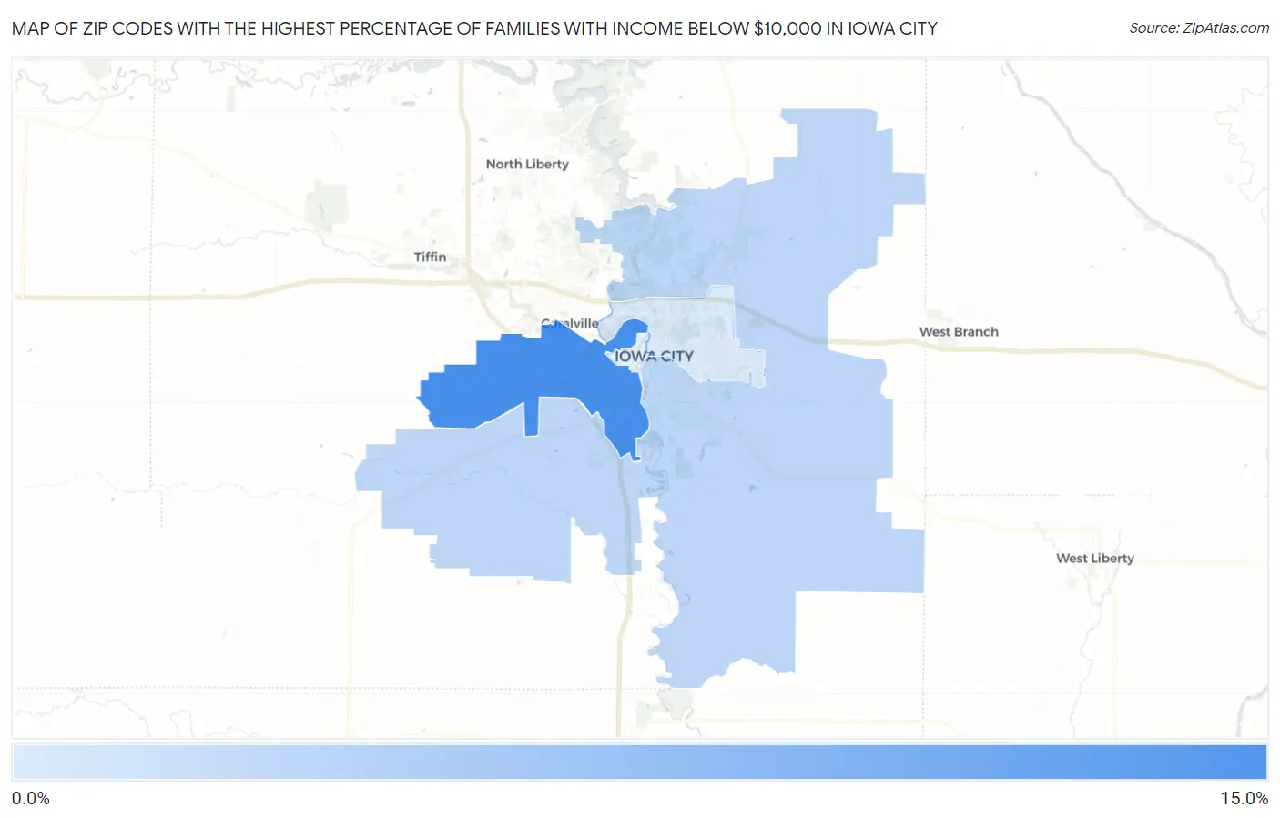 Zip Codes with the Highest Percentage of Families with Income Below $10,000 in Iowa City Map