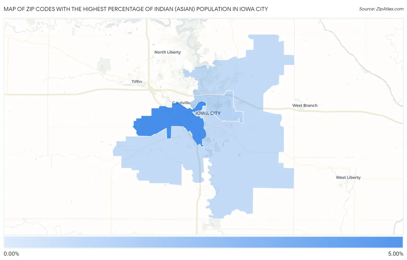 Zip Codes with the Highest Percentage of Indian (Asian) Population in Iowa City Map