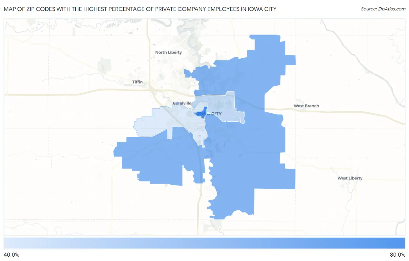 Zip Codes with the Highest Percentage of Private Company Employees in Iowa City Map