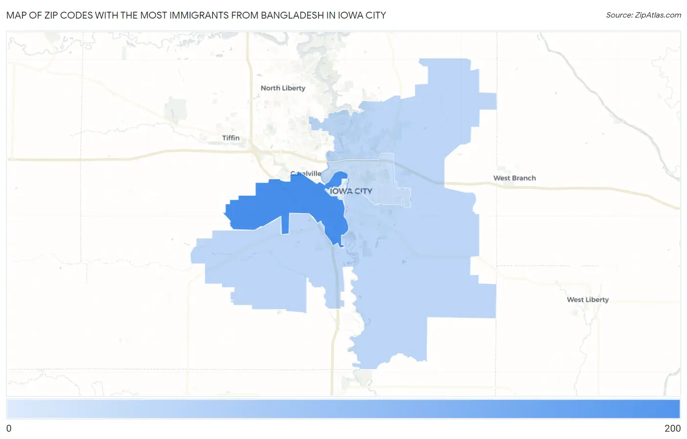 Zip Codes with the Most Immigrants from Bangladesh in Iowa City Map