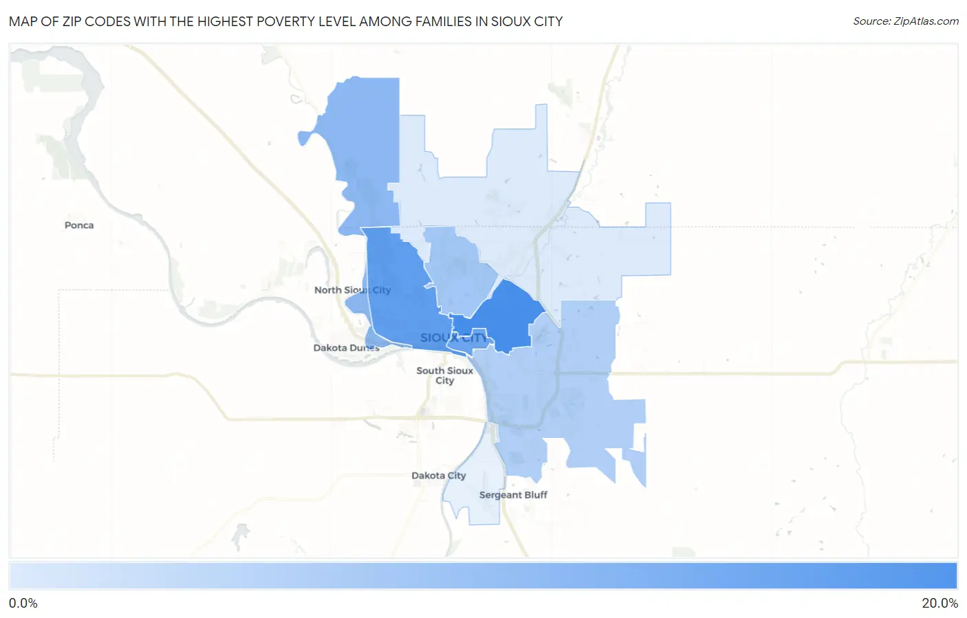 Zip Codes with the Highest Poverty Level Among Families in Sioux City Map