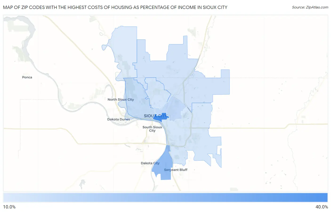 Zip Codes with the Highest Costs of Housing as Percentage of Income in Sioux City Map
