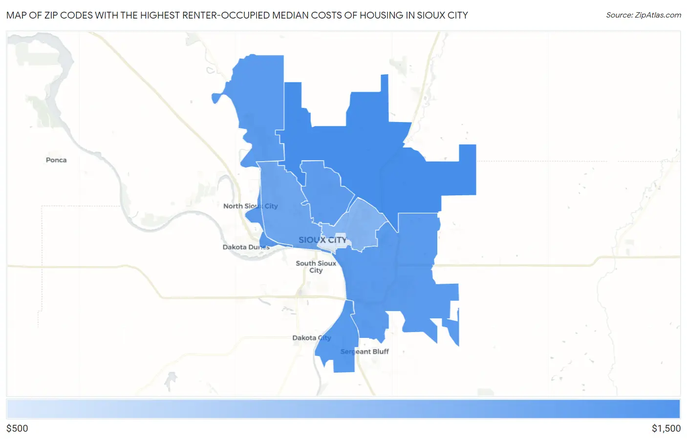 Zip Codes with the Highest Renter-Occupied Median Costs of Housing in Sioux City Map