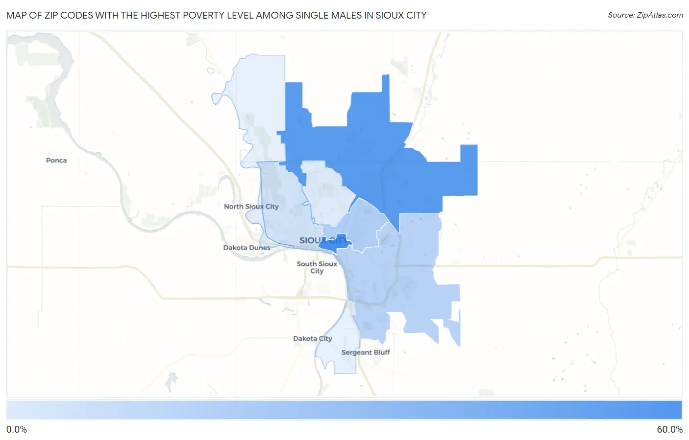 Zip Codes with the Highest Poverty Level Among Single Males in Sioux City Map