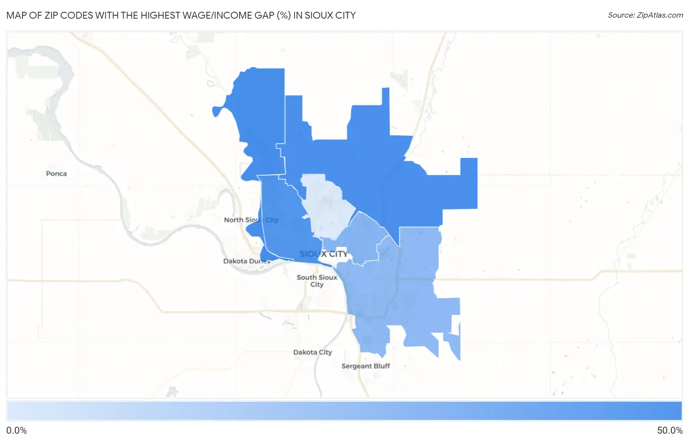 Zip Codes with the Highest Wage/Income Gap (%) in Sioux City Map