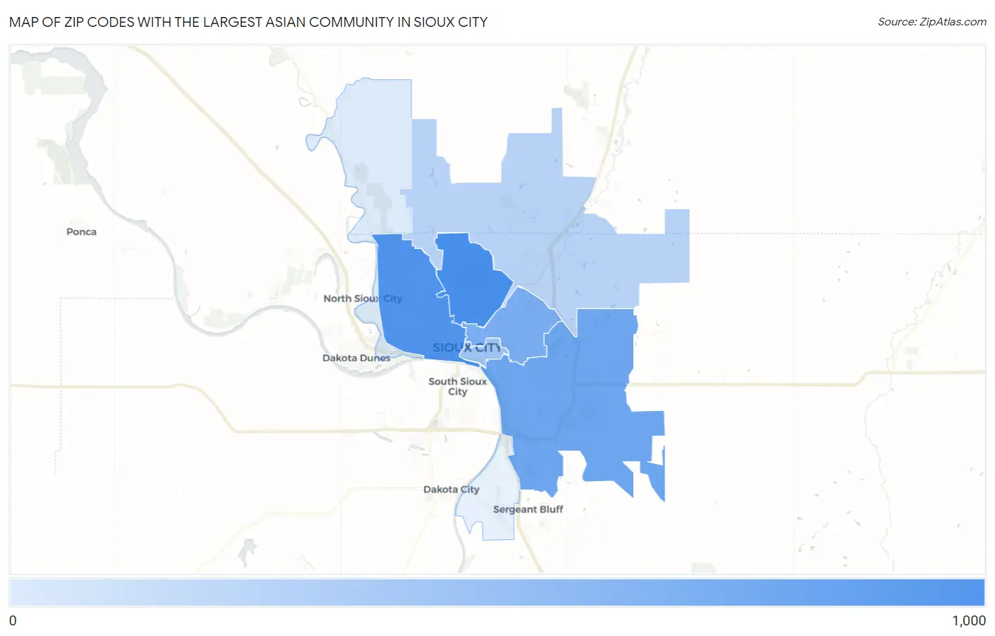 Zip Codes with the Largest Asian Community in Sioux City Map