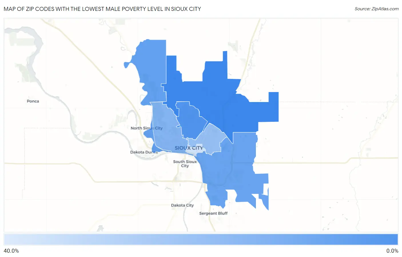 Zip Codes with the Lowest Male Poverty Level in Sioux City Map