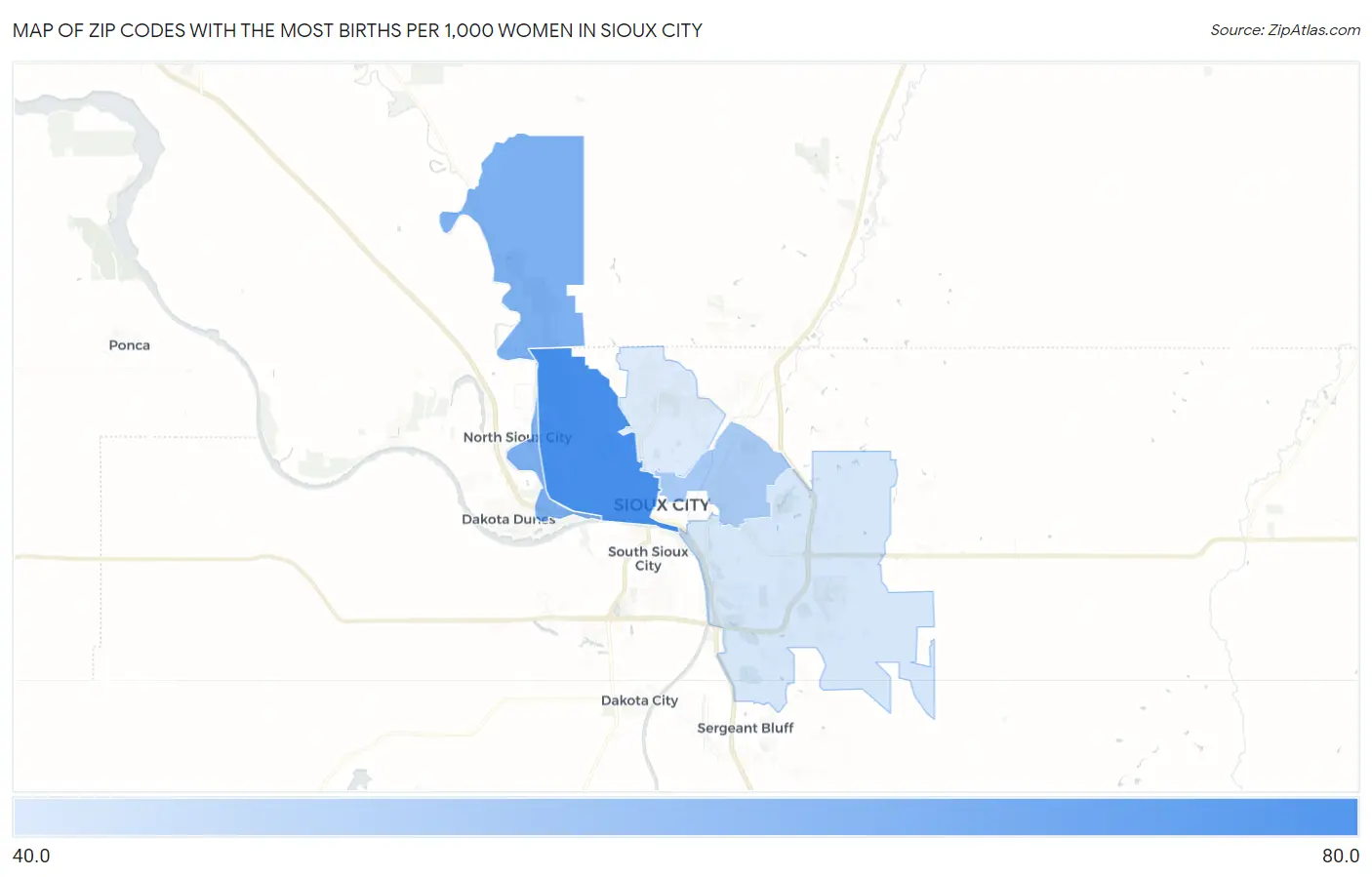Zip Codes with the Most Births per 1,000 Women in Sioux City Map