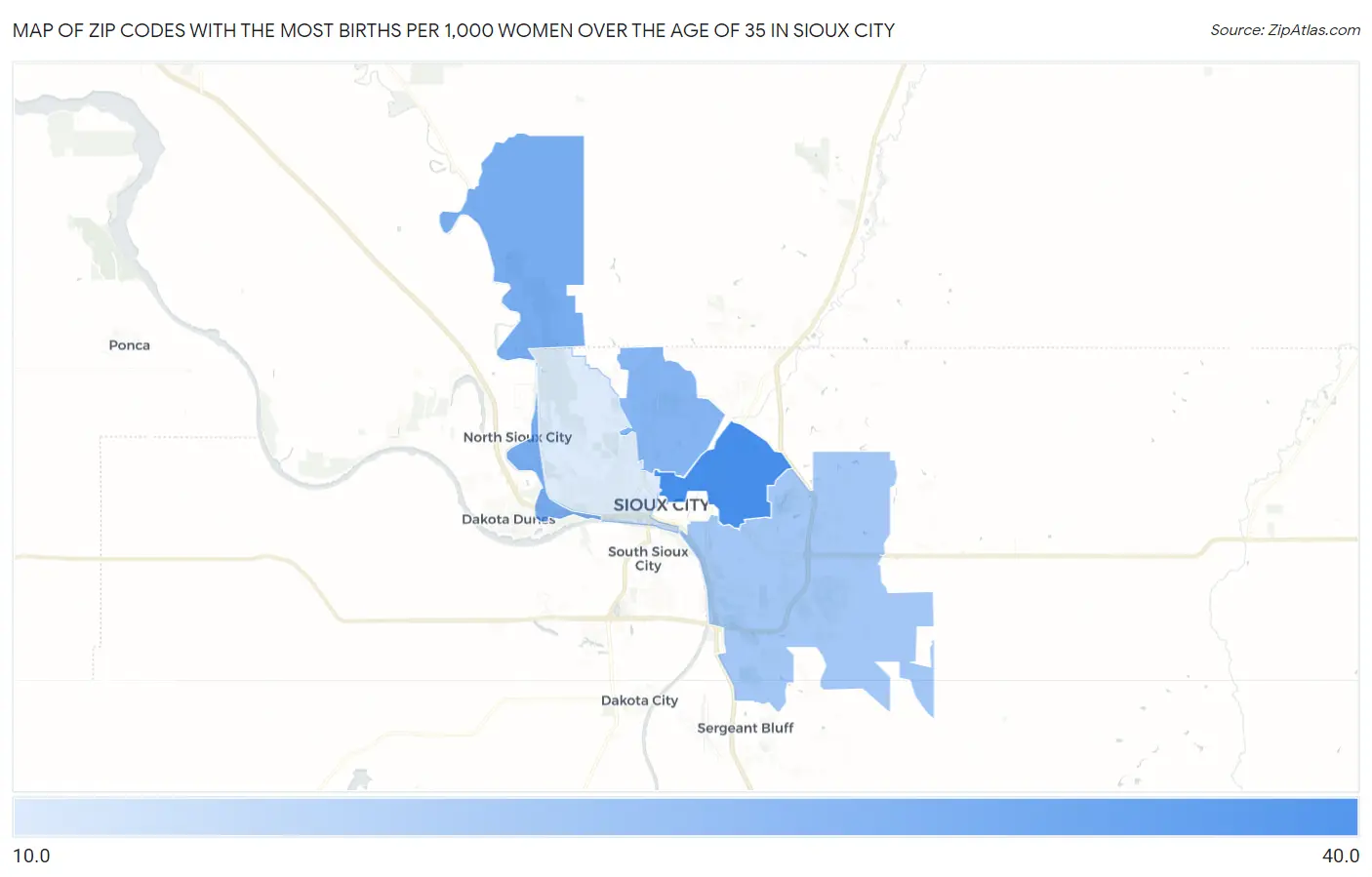 Zip Codes with the Most Births per 1,000 Women Over the Age of 35 in Sioux City Map
