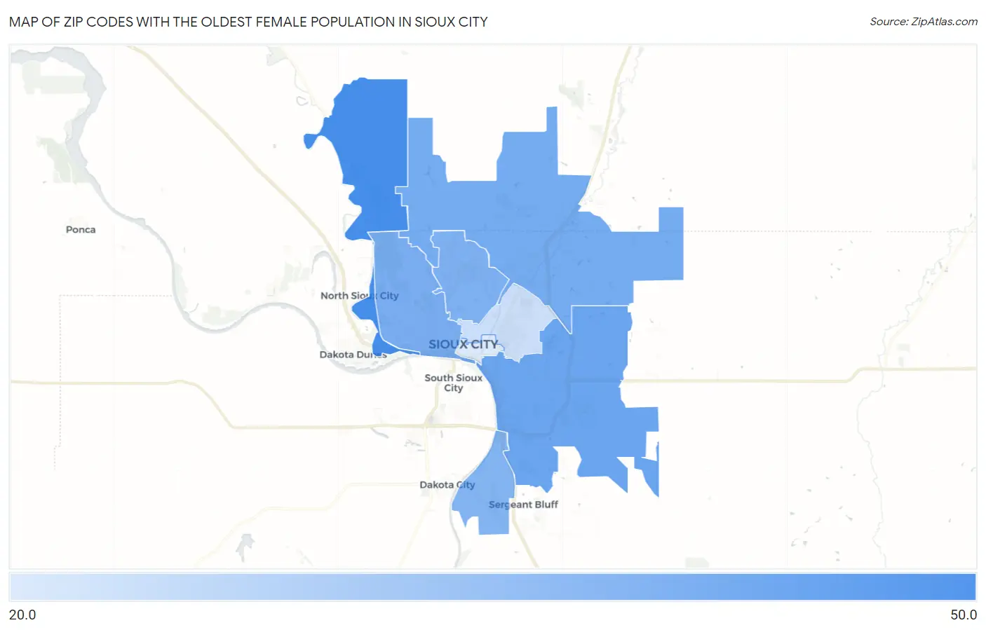 Zip Codes with the Oldest Female Population in Sioux City Map