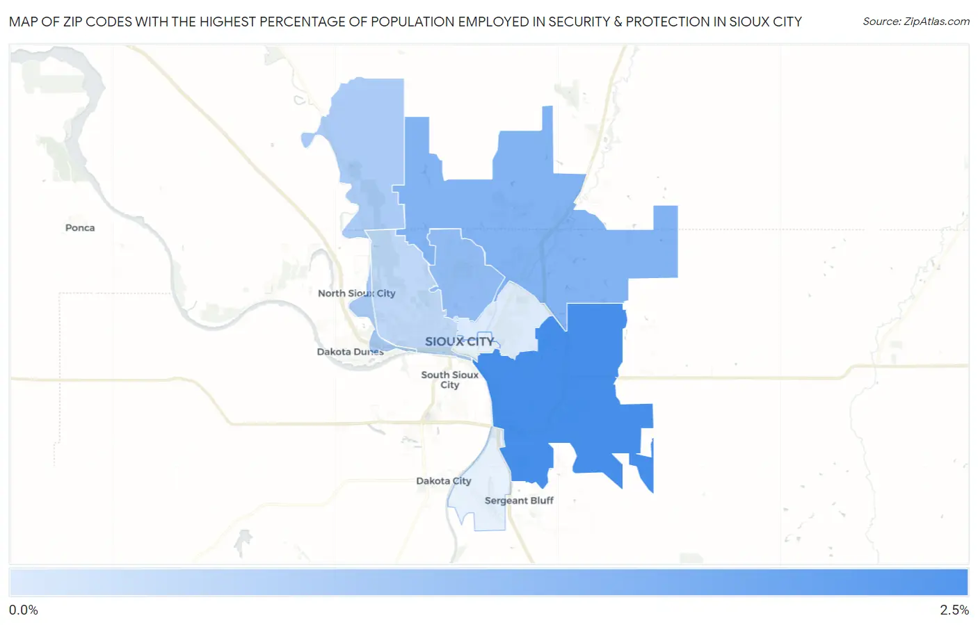 Zip Codes with the Highest Percentage of Population Employed in Security & Protection in Sioux City Map